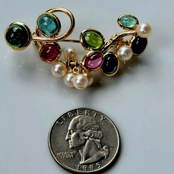 14k Gold Multi Gemstone Pearl Pendant Brooch-Designer Estate Jewelry 12 gm - Picture 6 of 12